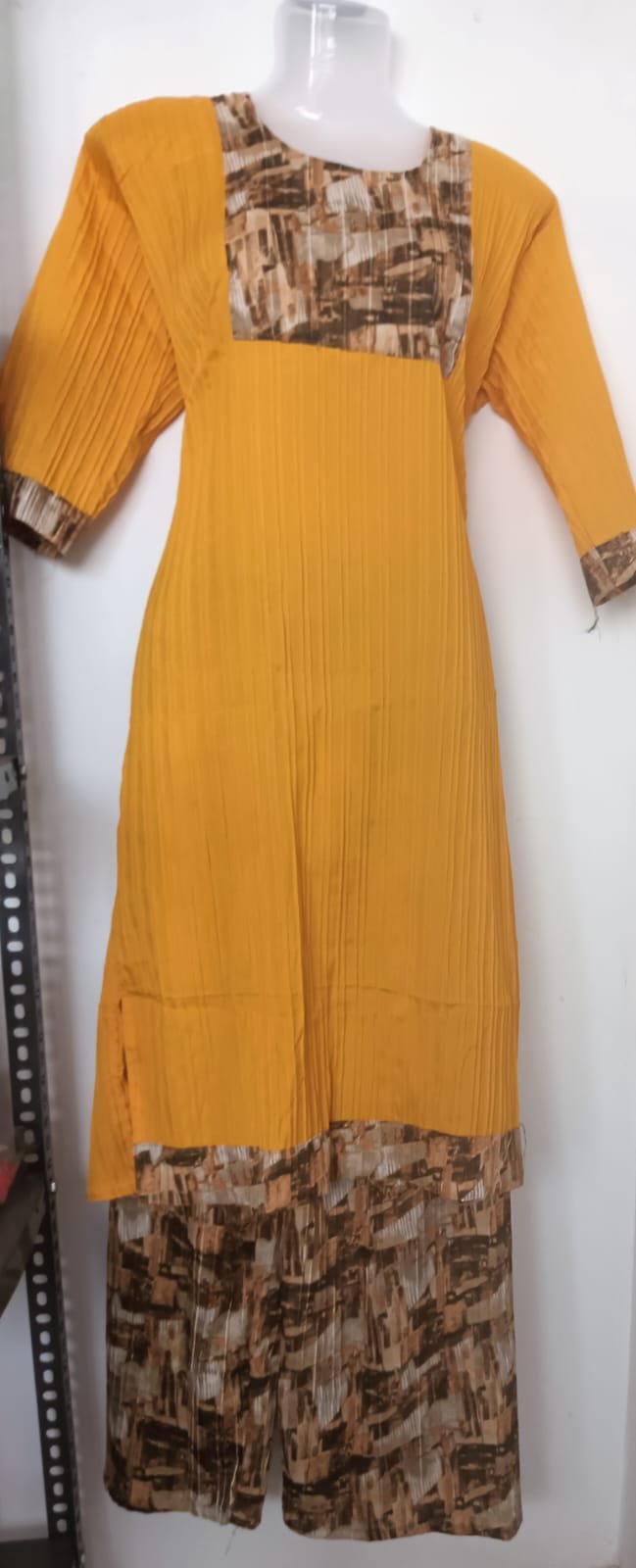 Mustard Pleated Straight Kurti with Printed Palazzo Set