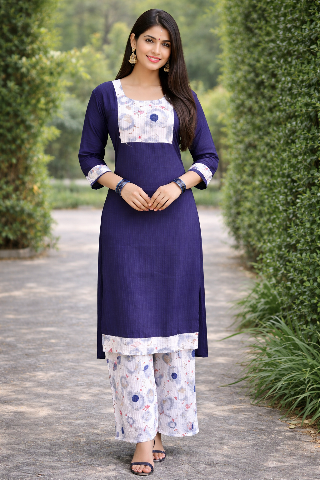 Black Pleated Straight Kurti with Printed Palazzo Set
