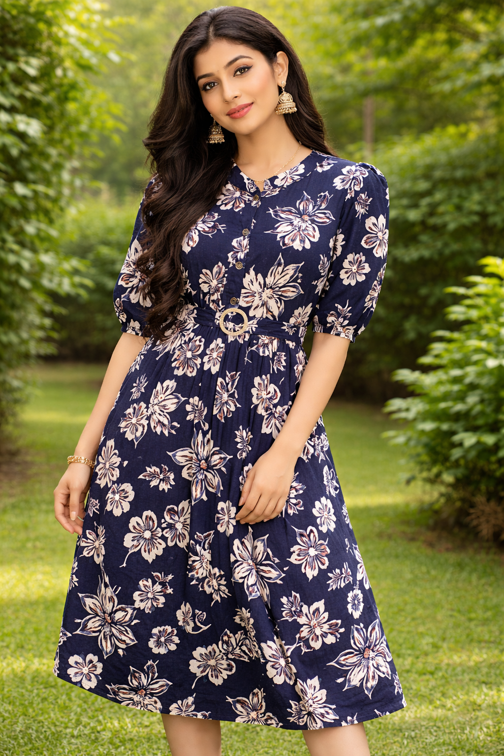  Midnight Blue Floral Fit & Flare Dress