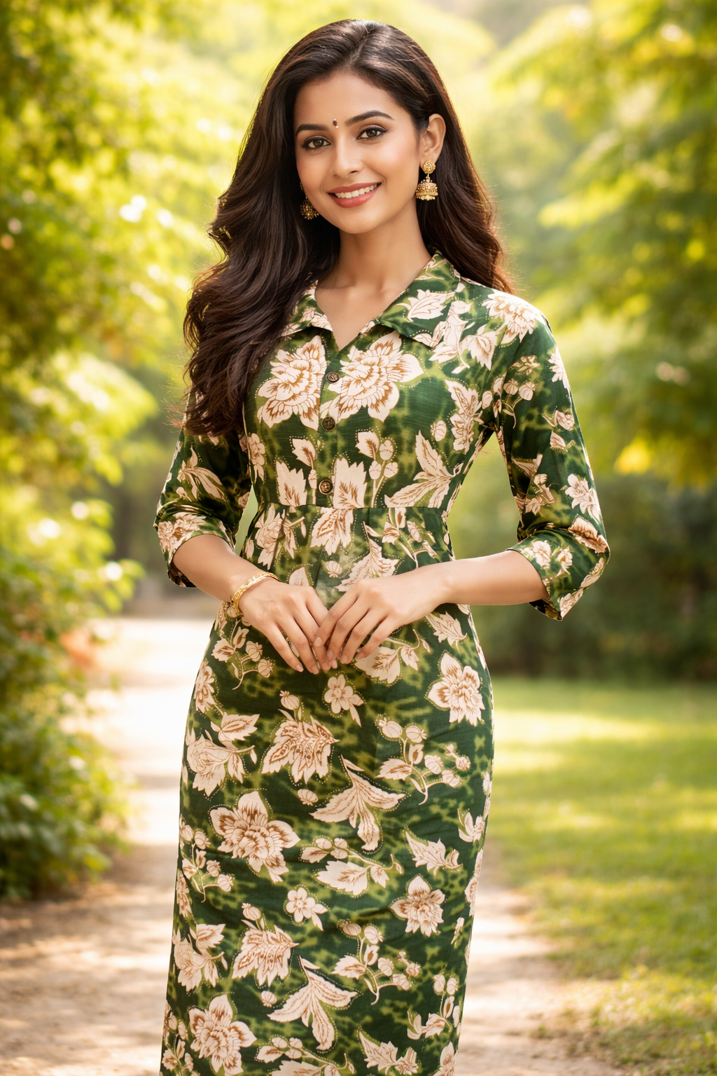 Green Floral Printed Shirt Collar Long Dress