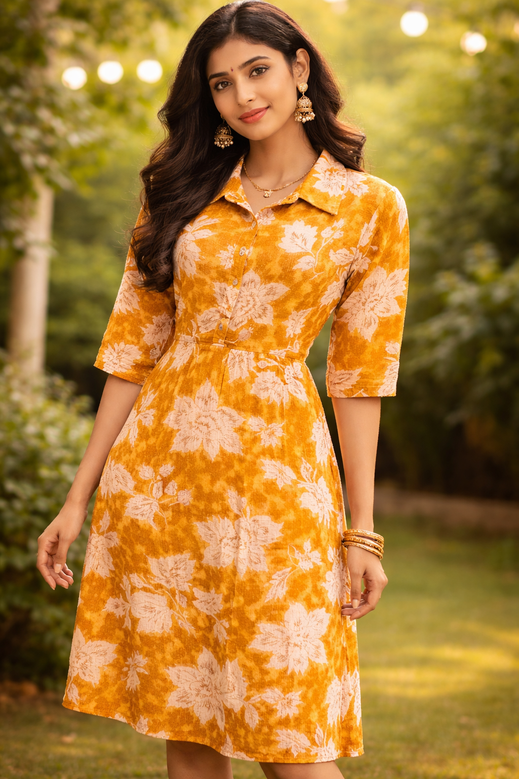  Mustard Yellow Floral Shirt Dress