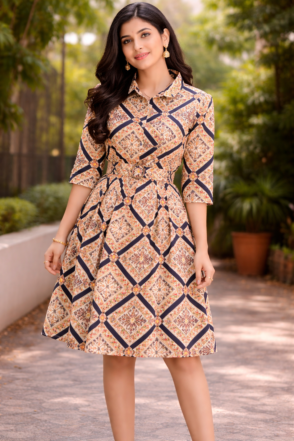  Printed Belted Shirt Dress