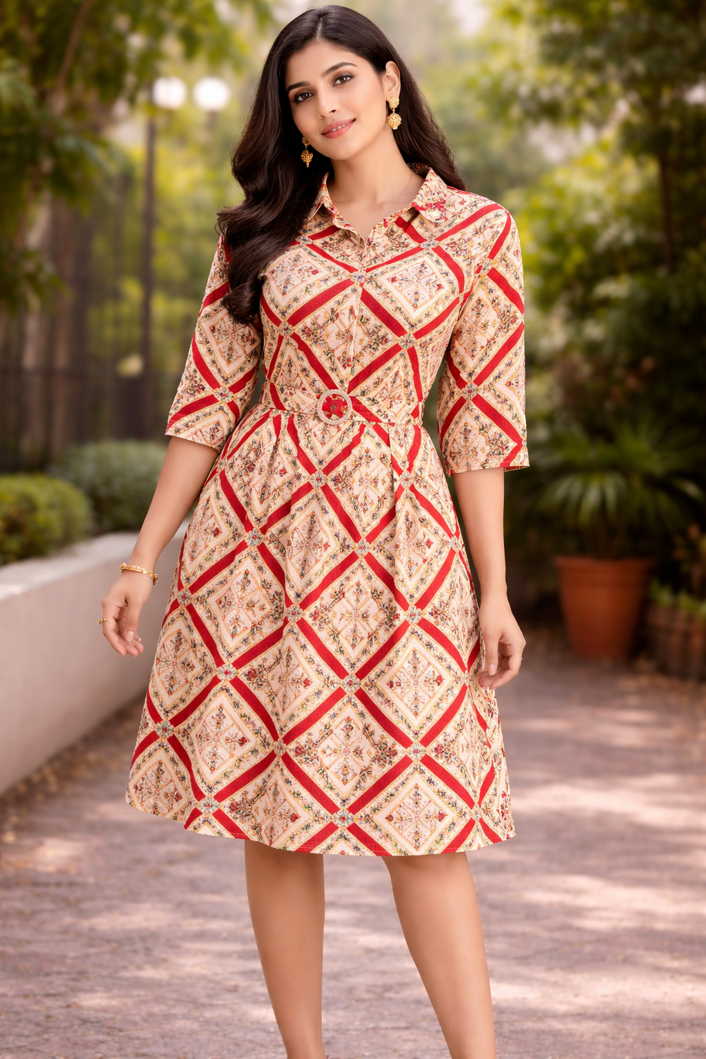 Red Geometric Printed Belted Shirt Dress