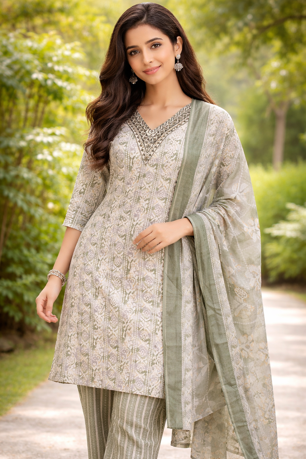  Sage Elegance Printed Suit Set
