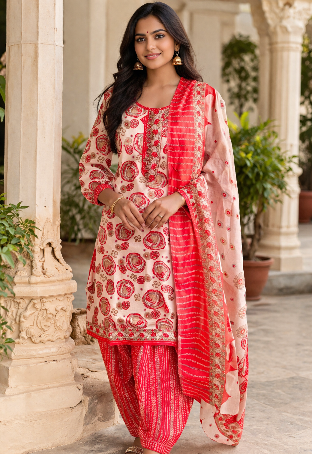  Royal Red Floral Kurta Set with Dupatta