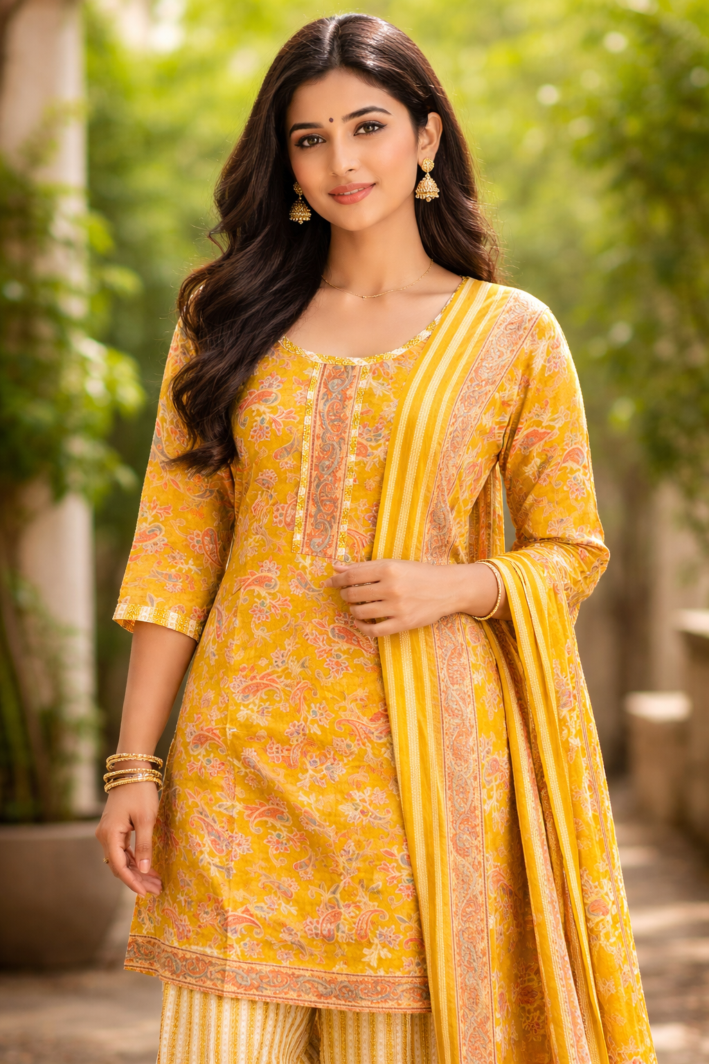 Mustard Floral Kurta Set with Dupatta