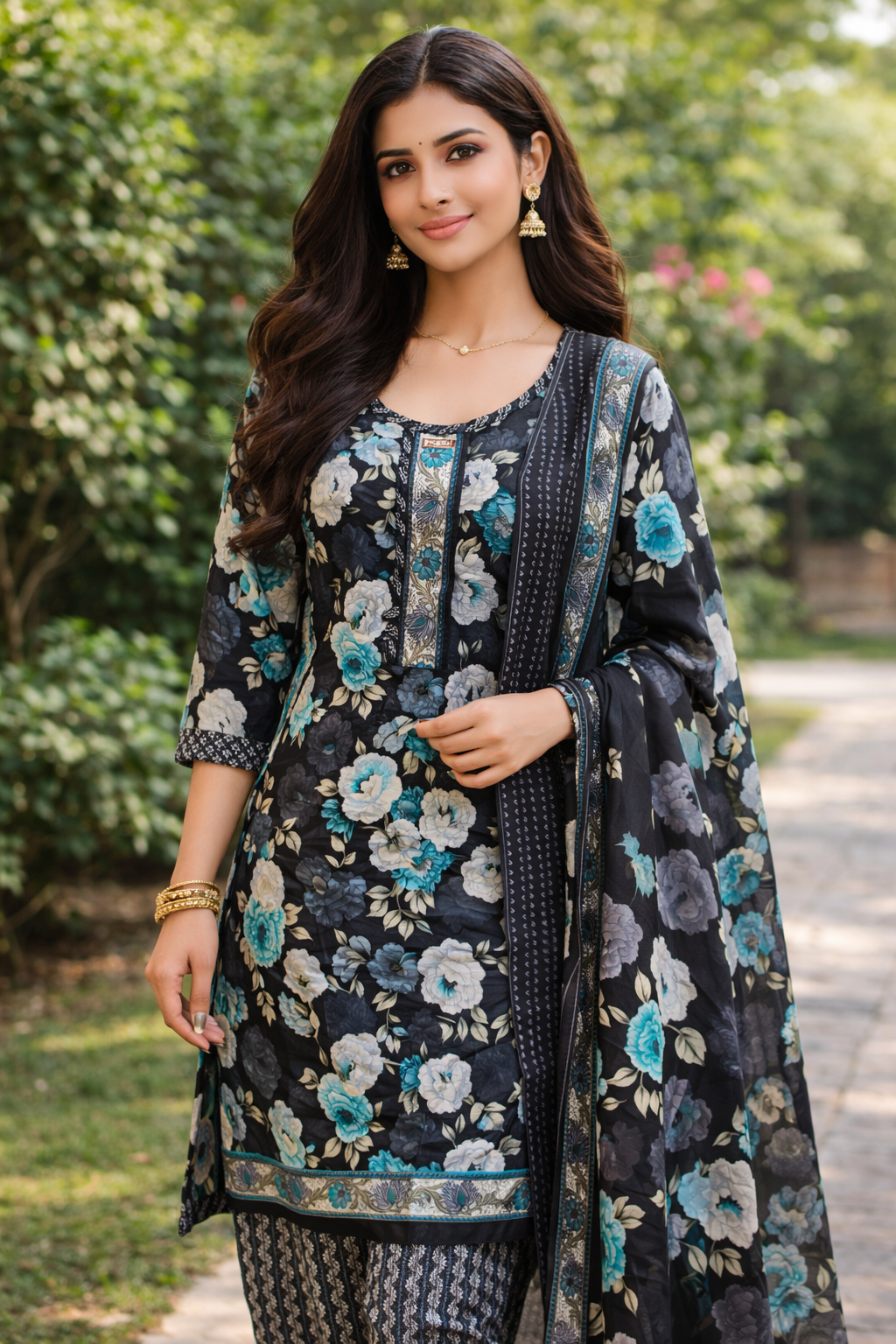  Midnight Floral Kurta Set with Dupatta