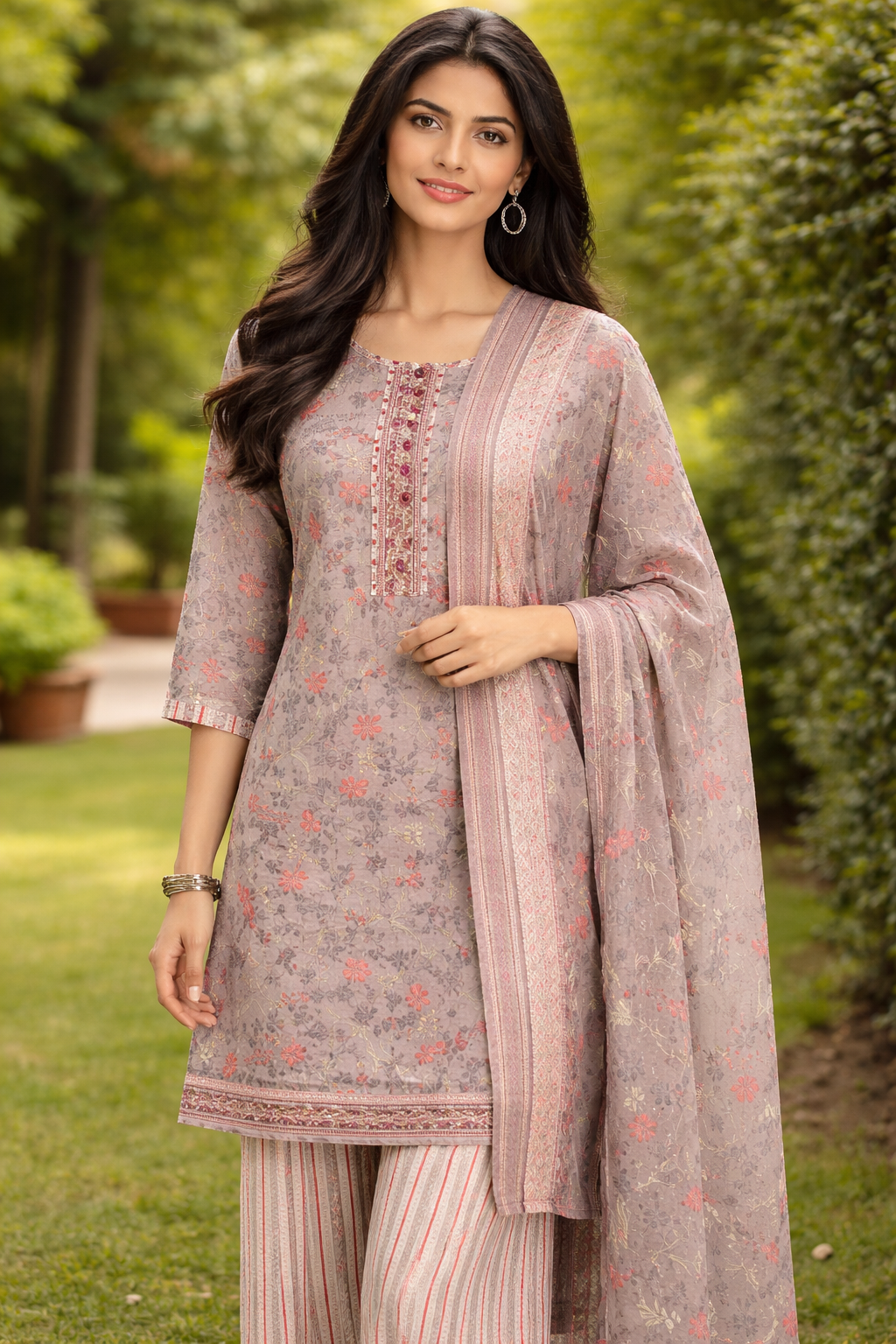  Elegant Beige Floral Salwar Suit Set