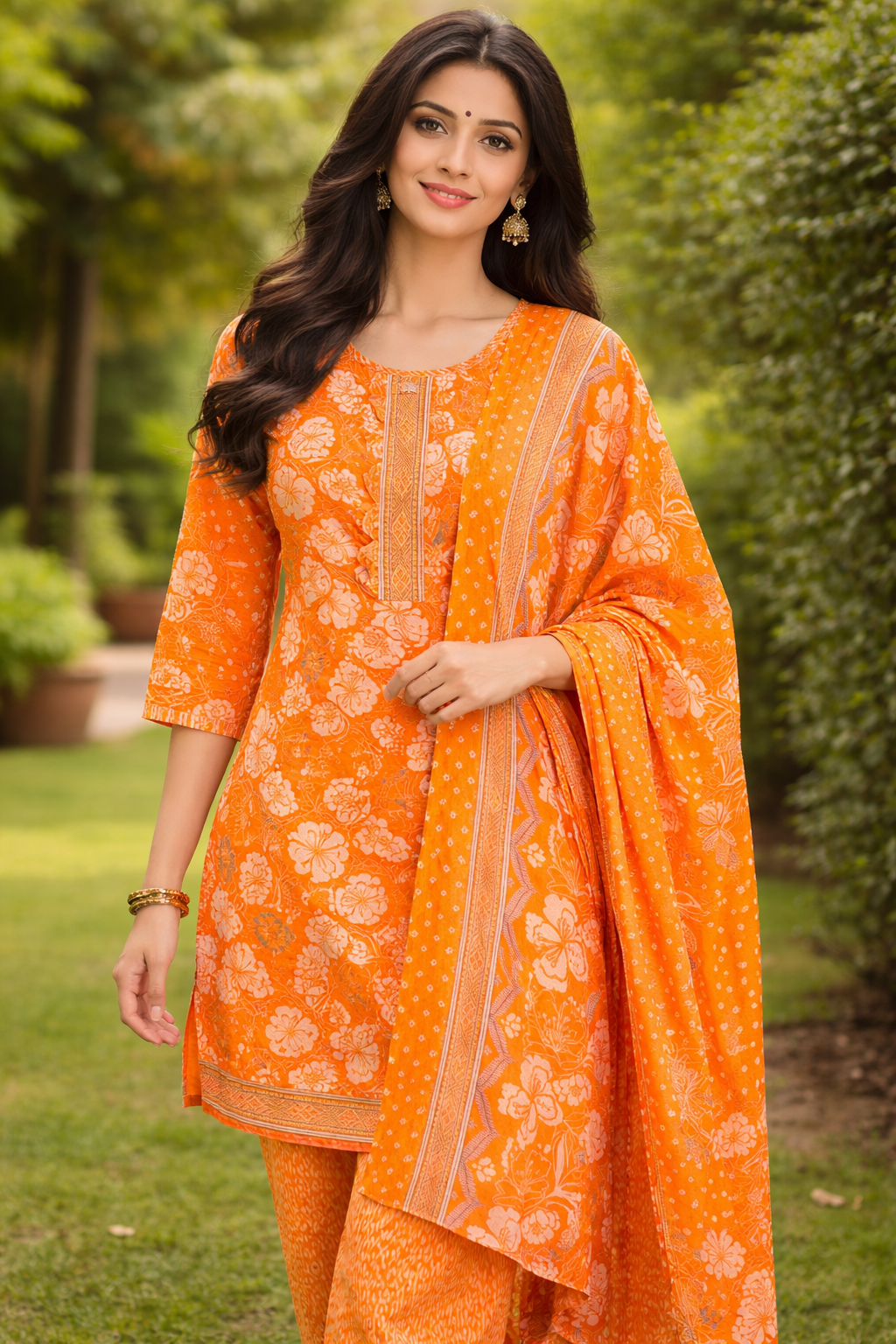 Vibrant Orange Floral Salwar Suit Set
