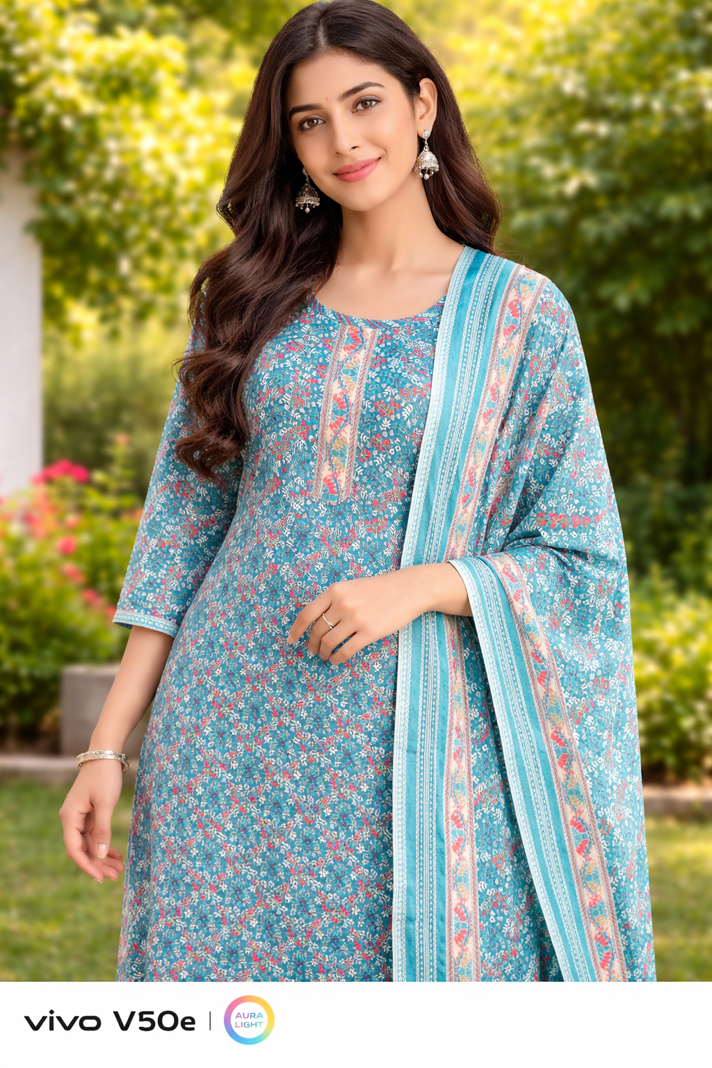 Teal Floral Printed Cotton Salwar Suit Set with Dupatta
