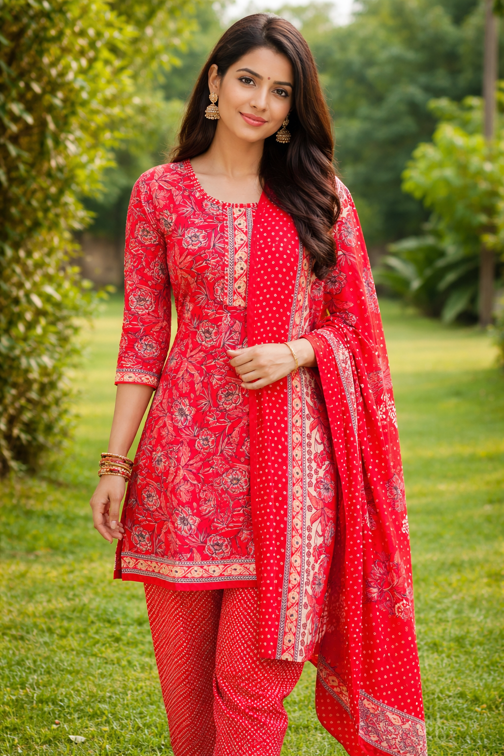  Red Floral Printed Salwar Suit Set with Dupatta