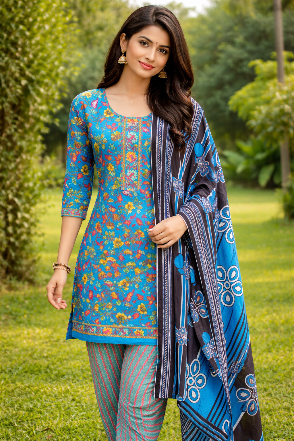  Blue Floral Printed Salwar Suit Set with Designer Dupatta