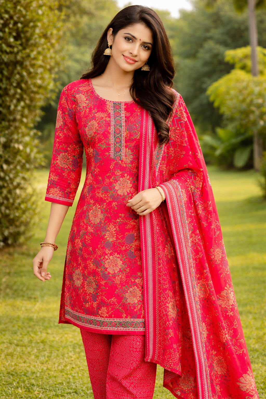  Pink Floral Printed Salwar Suit Set with Dupatta