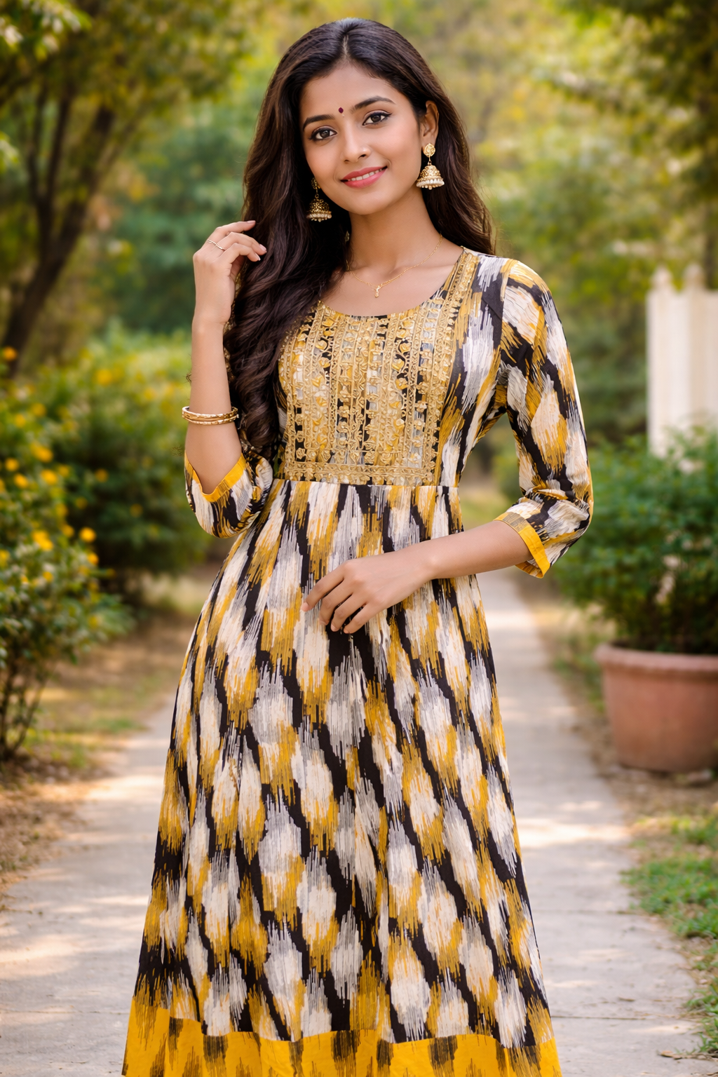  Golden Ikat Embroidered Kurti