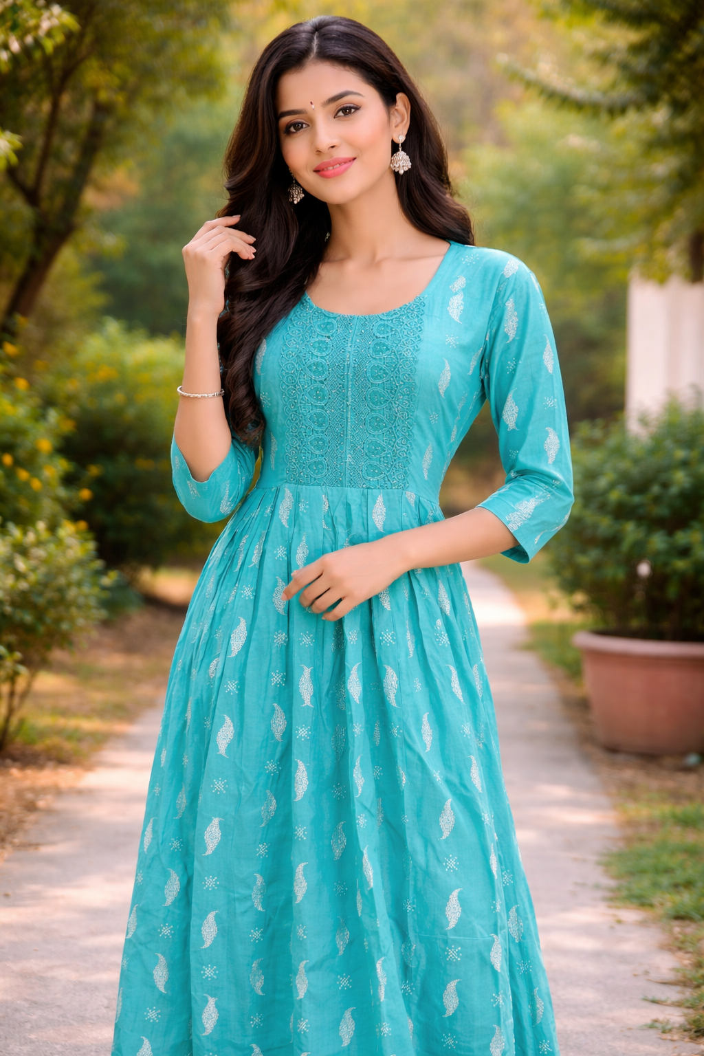 Teal Embroidered Cotton Kurti