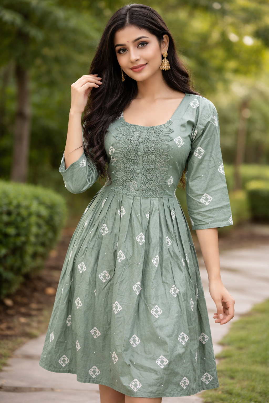 Sage Green Embroidered A-Line Kurti Dress