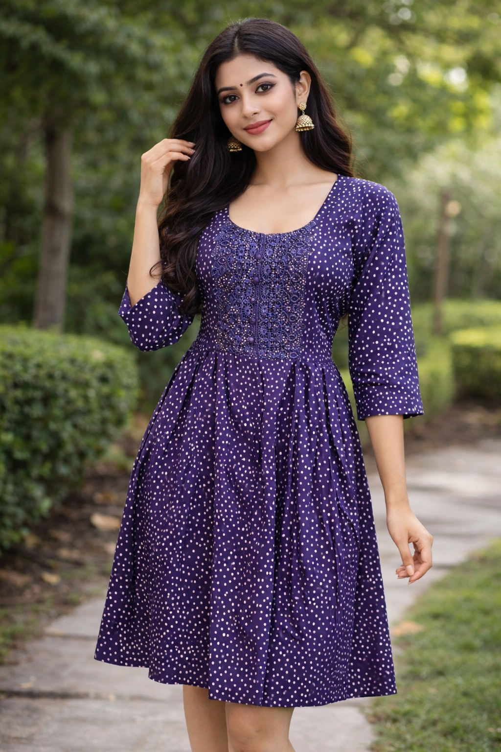  Purple Polka Dot A-Line Kurti Dress