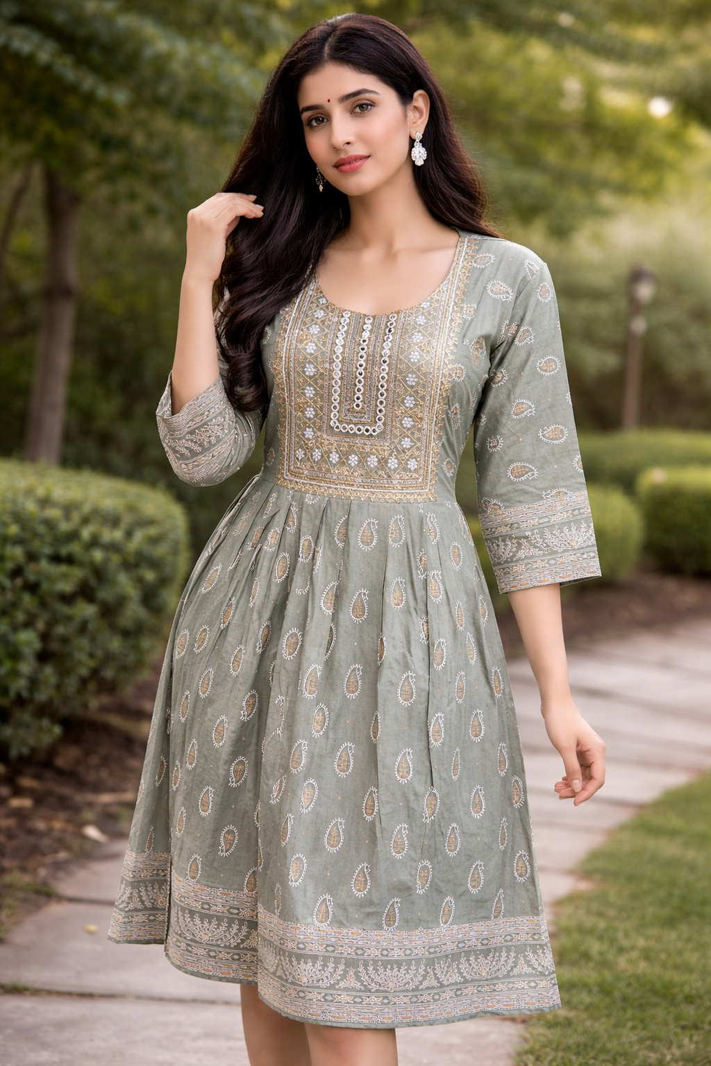  Olive Green Embroidered Paisley Kurti Dress