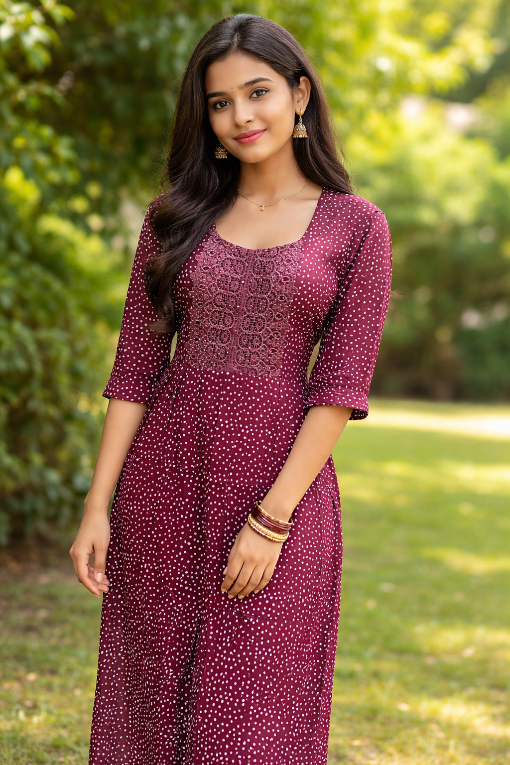 Maroon Polka Dot Embroidered Kurti Dress