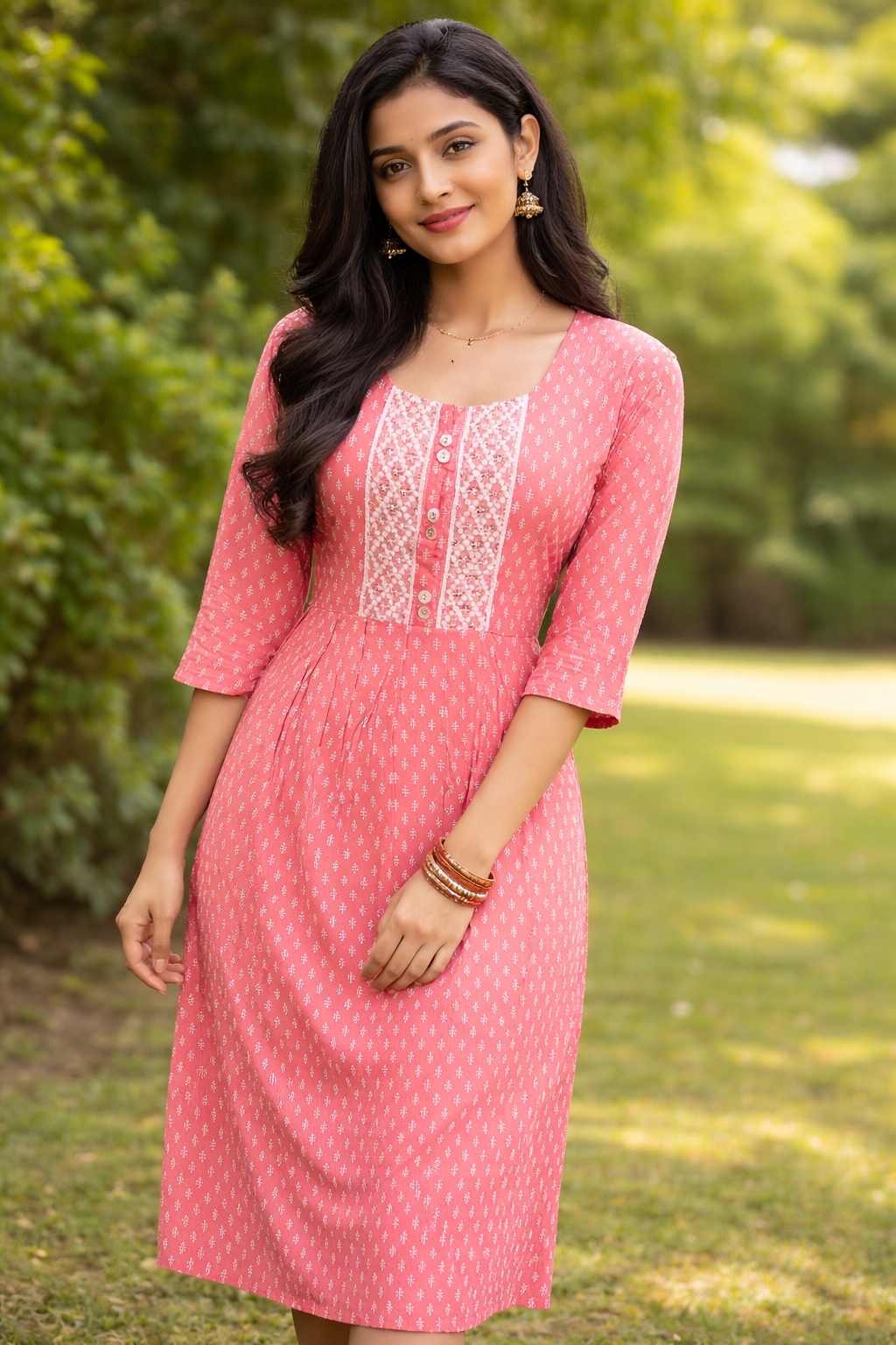 Peach Printed Embroidered Kurti Dress