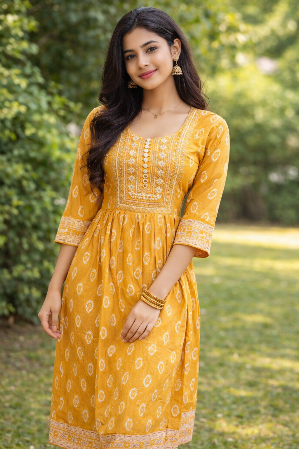  Mustard Yellow Printed Embroidered Kurti Dress