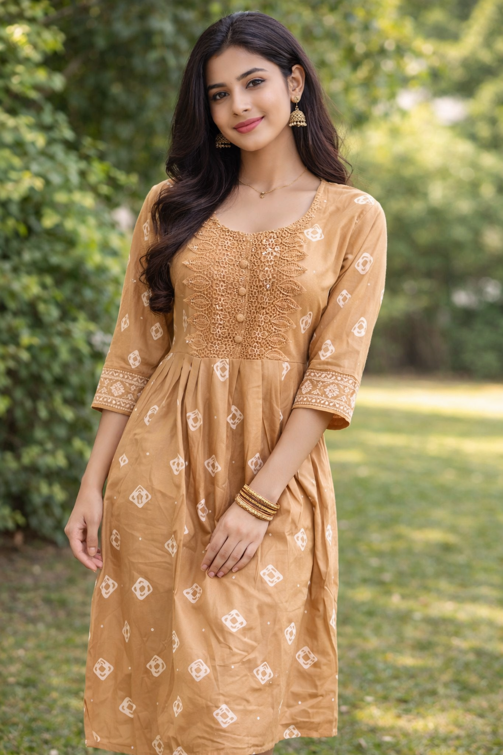 Brown Printed Embroidered Kurti Dress