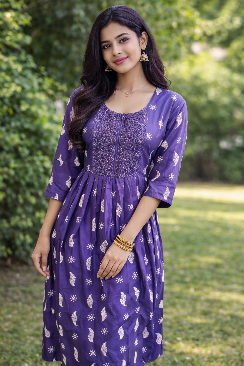  Purple Printed Embroidered Kurti Dress
