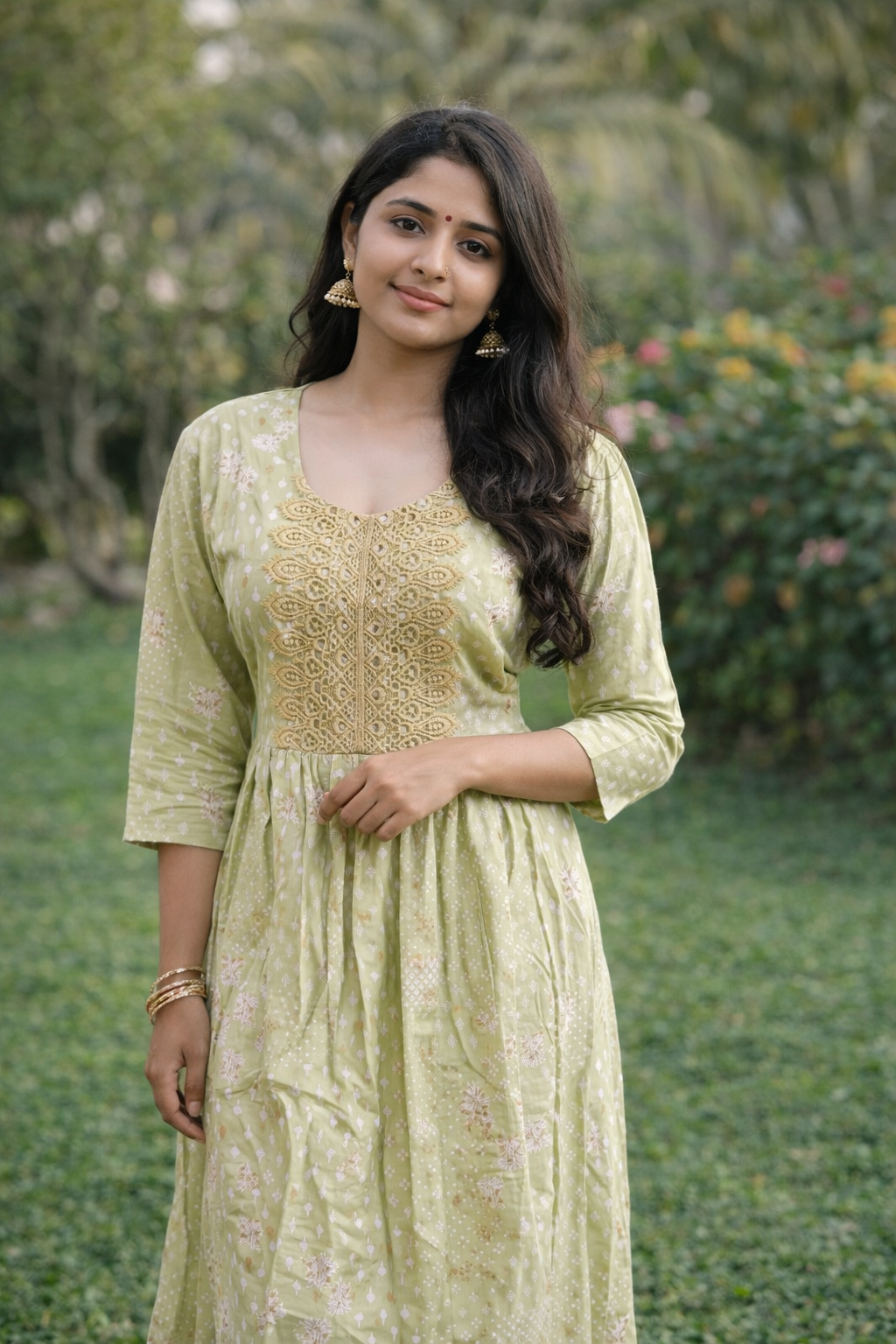 Olive Green Embroidered Anarkali Kurti Dress
