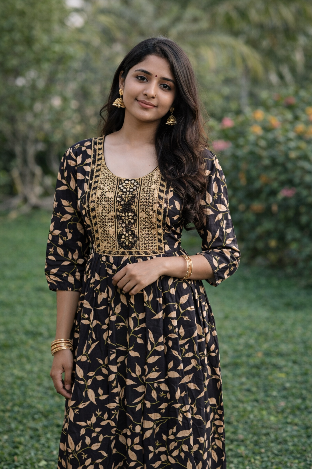 Black Floral Printed Embroidered Anarkali Kurti