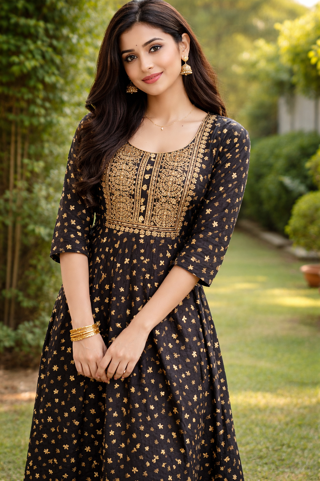  Midnight Gold Embroidered Kurti Dress