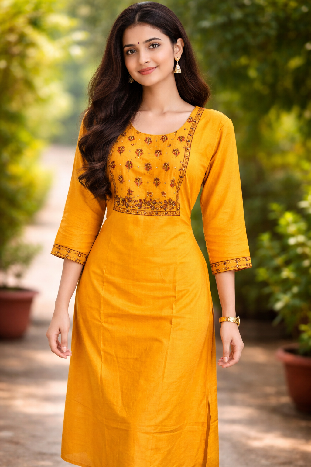 Mustard Yellow Floral Embroidered Kurti