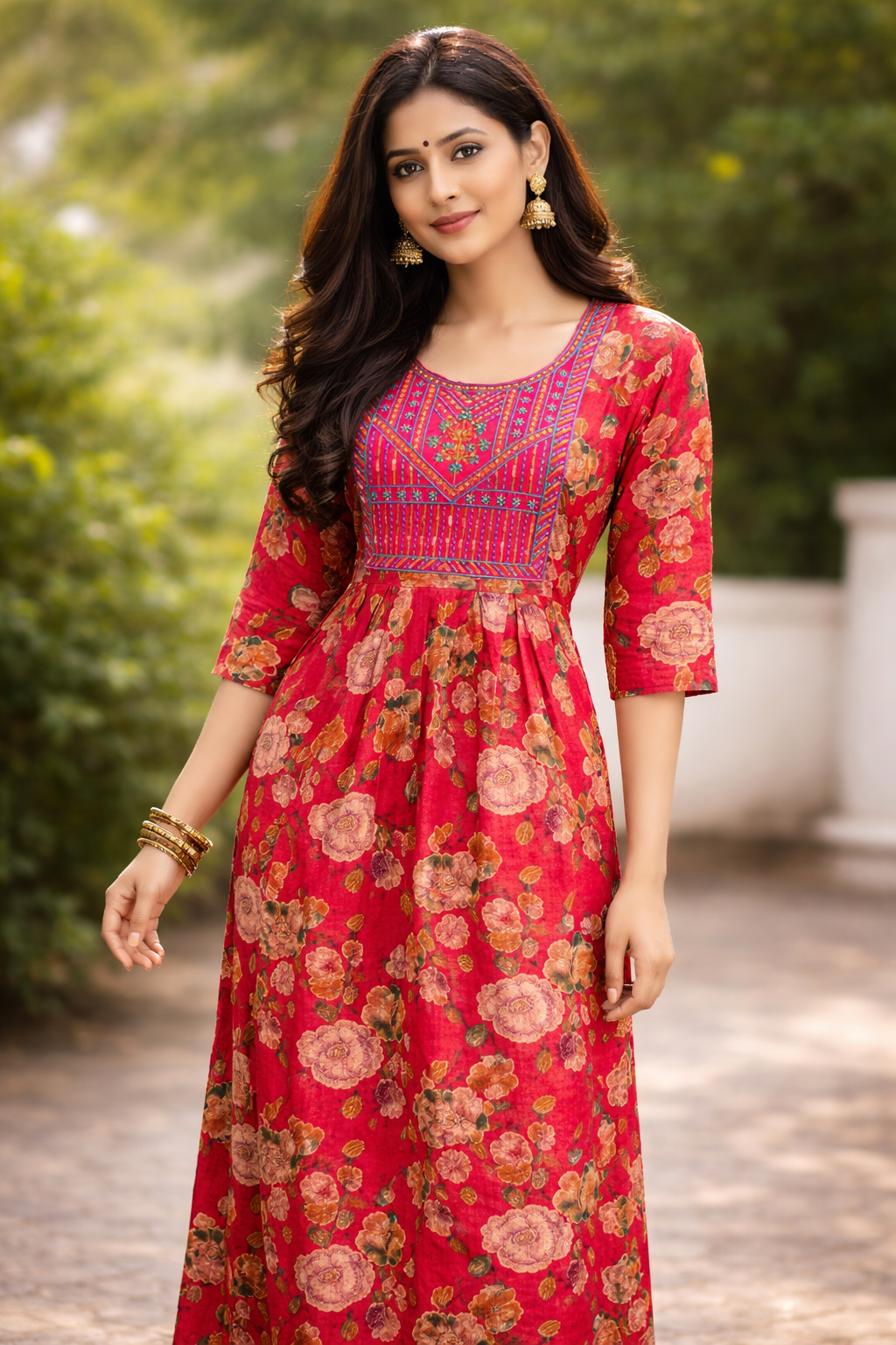 Red Floral Embroidered Ethnic Dress