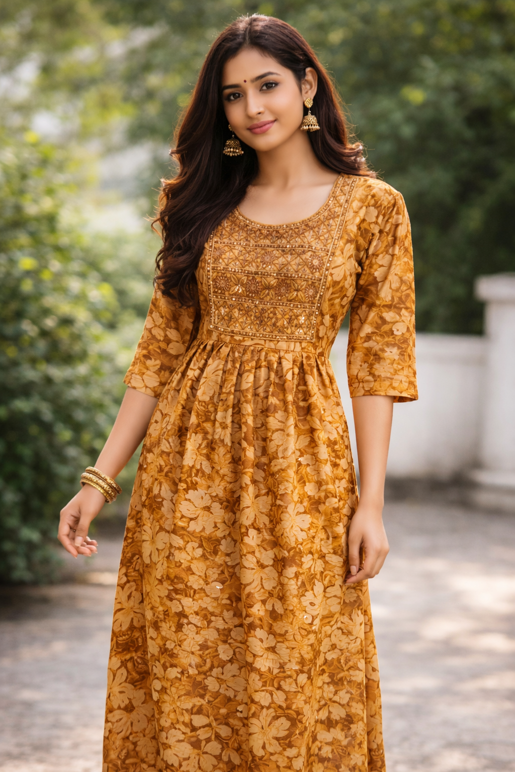 Golden Floral Embroidered Ethnic Dress