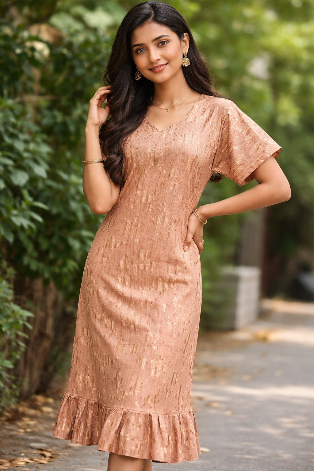  Peach Shimmer Midi Dress