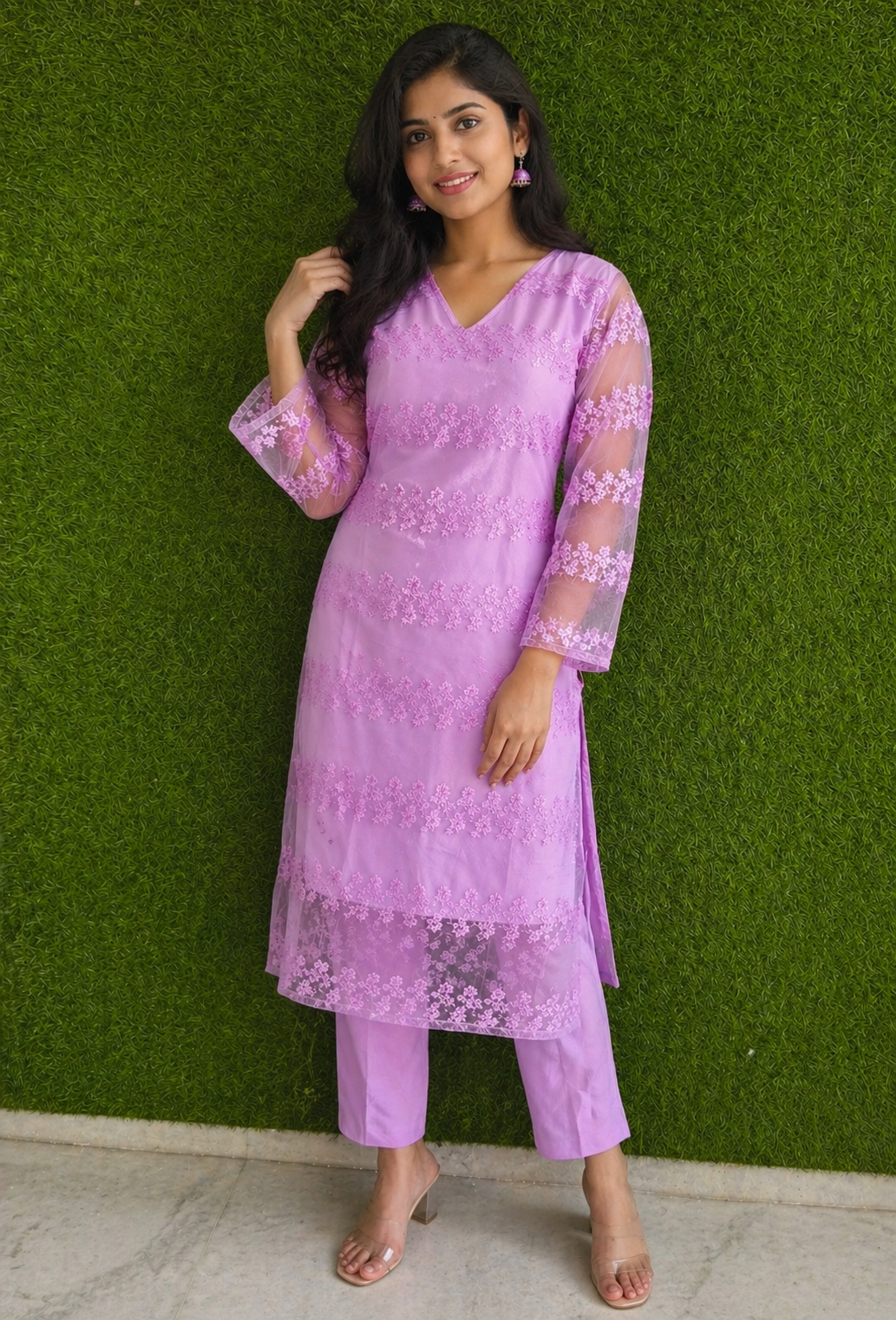 Lavender Floral Embroidered Kurti Set