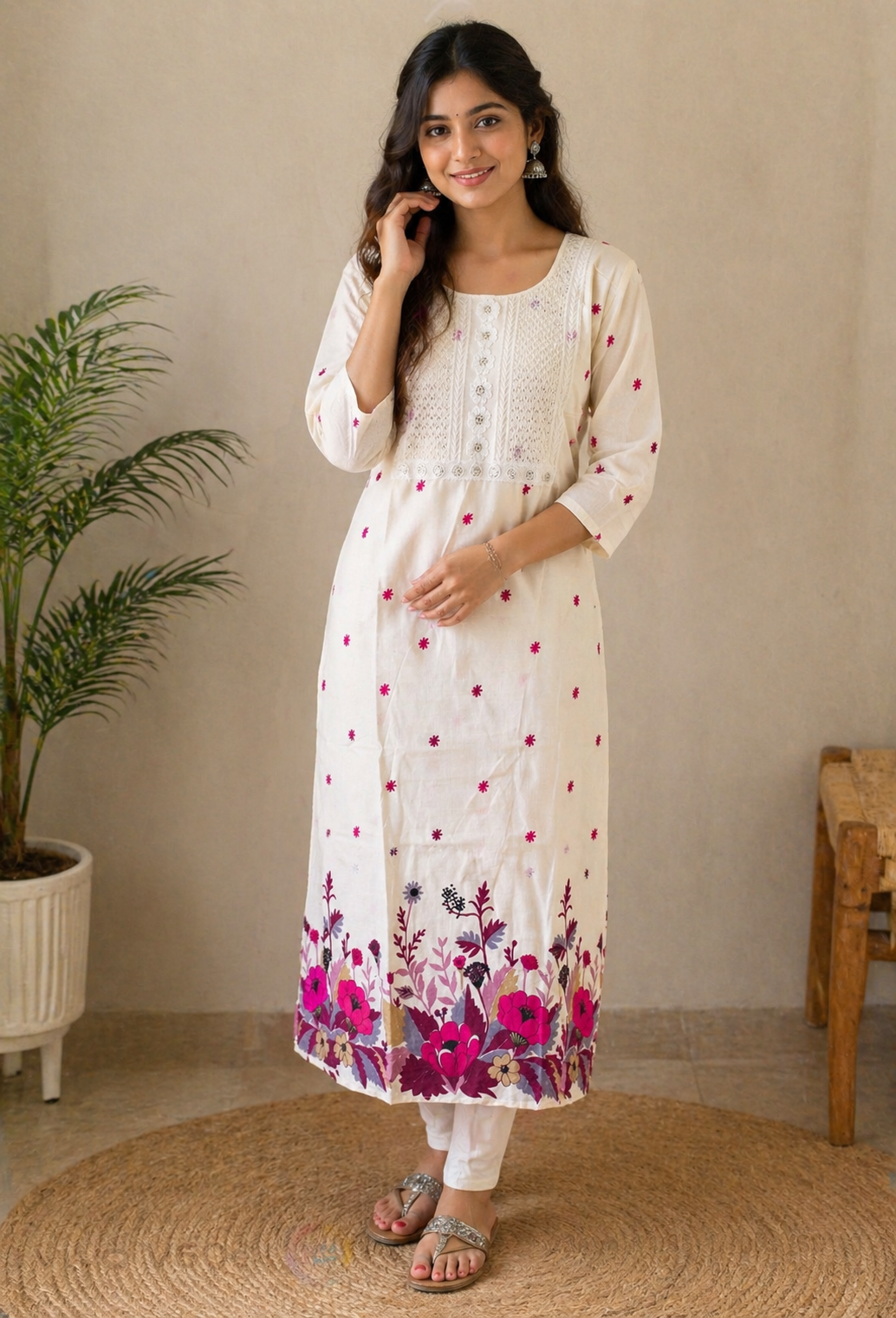Elegant Ivory Floral Printed Cotton Kurti
