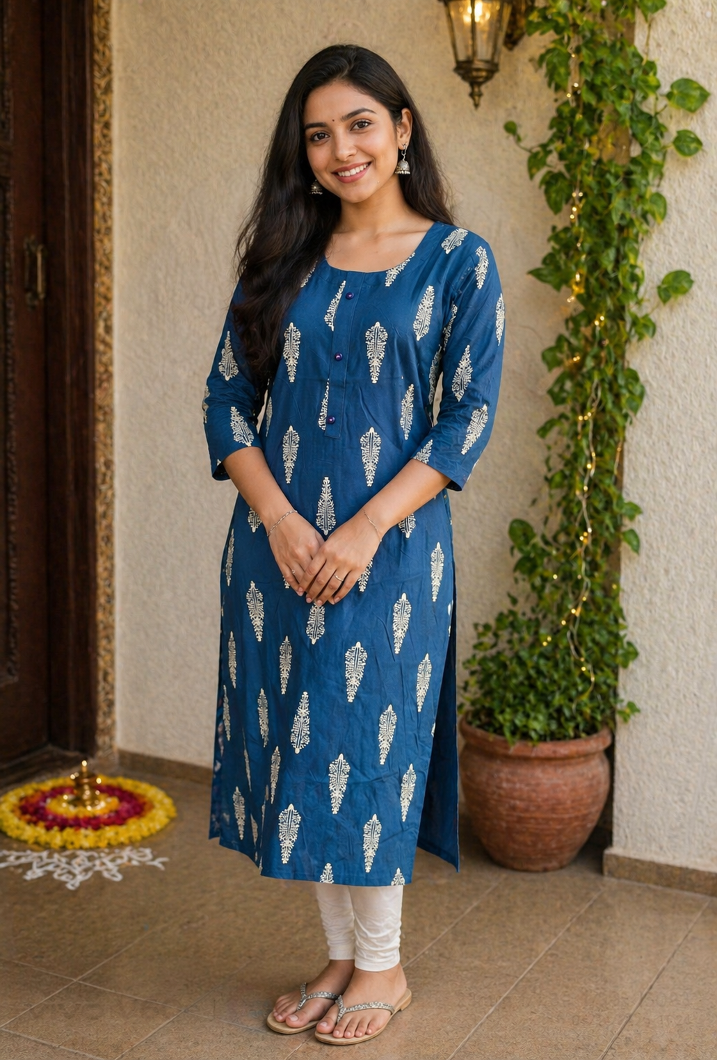 Elegant Indigo Printed Cotton Kurti Set