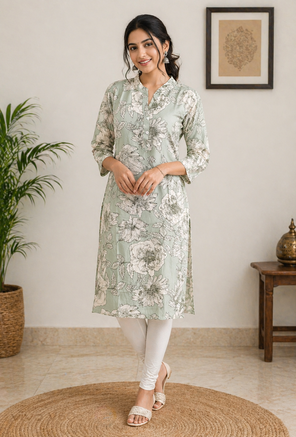 Elegant Sage Green Floral Printed Kurti