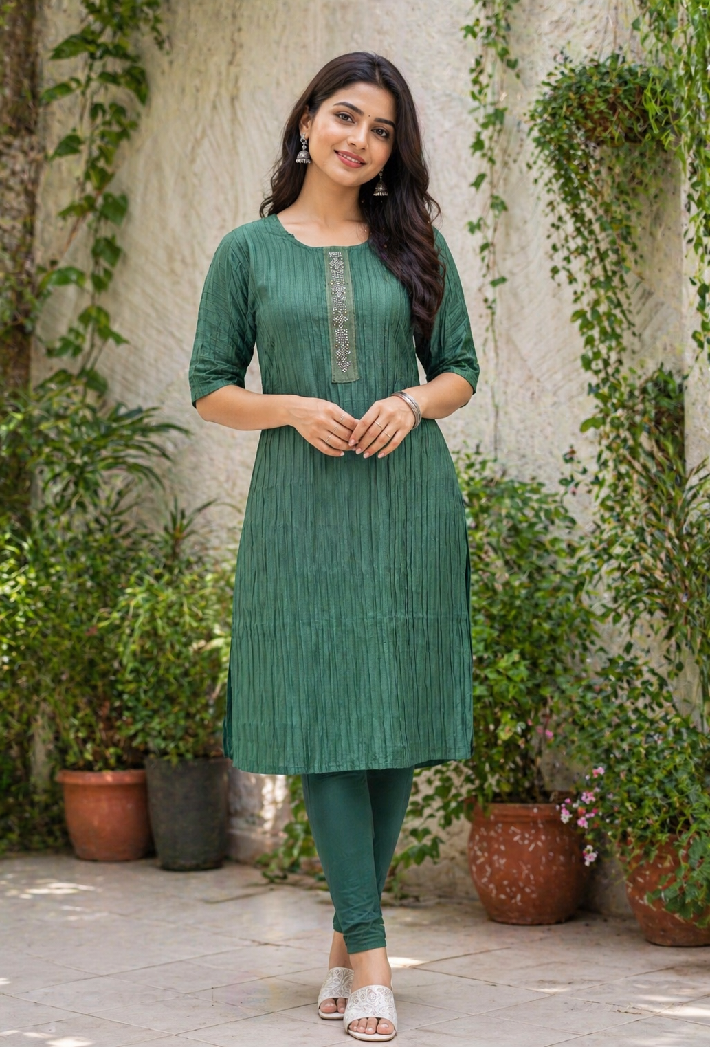 Elegant Forest Green Pleated Kurti Set