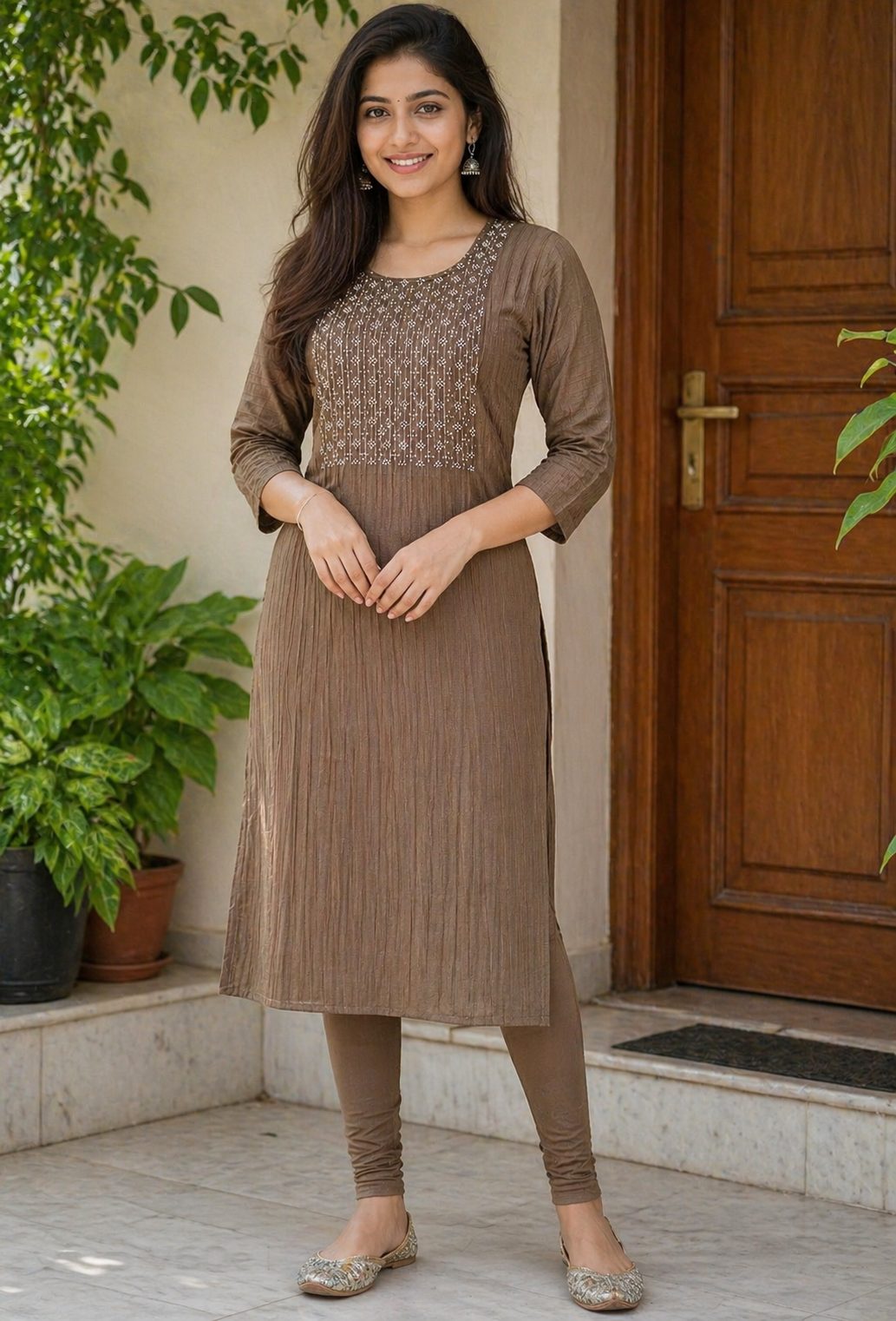 Elegant Brown Embroidered A-Line Kurti Set with Leggings