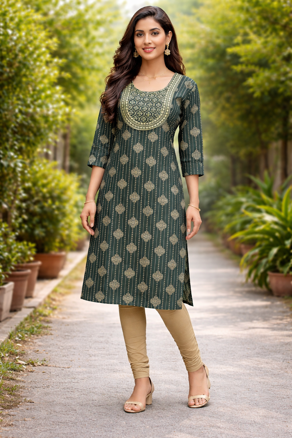 Elegant Forest Green Printed Kurti Set