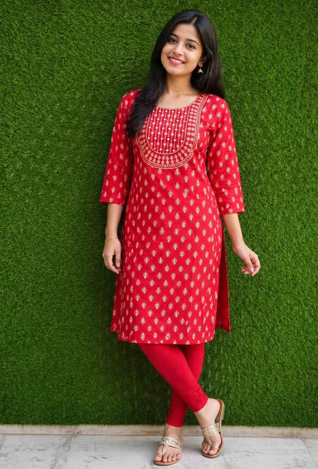 Elegant Red Printed Cotton Kurti Set