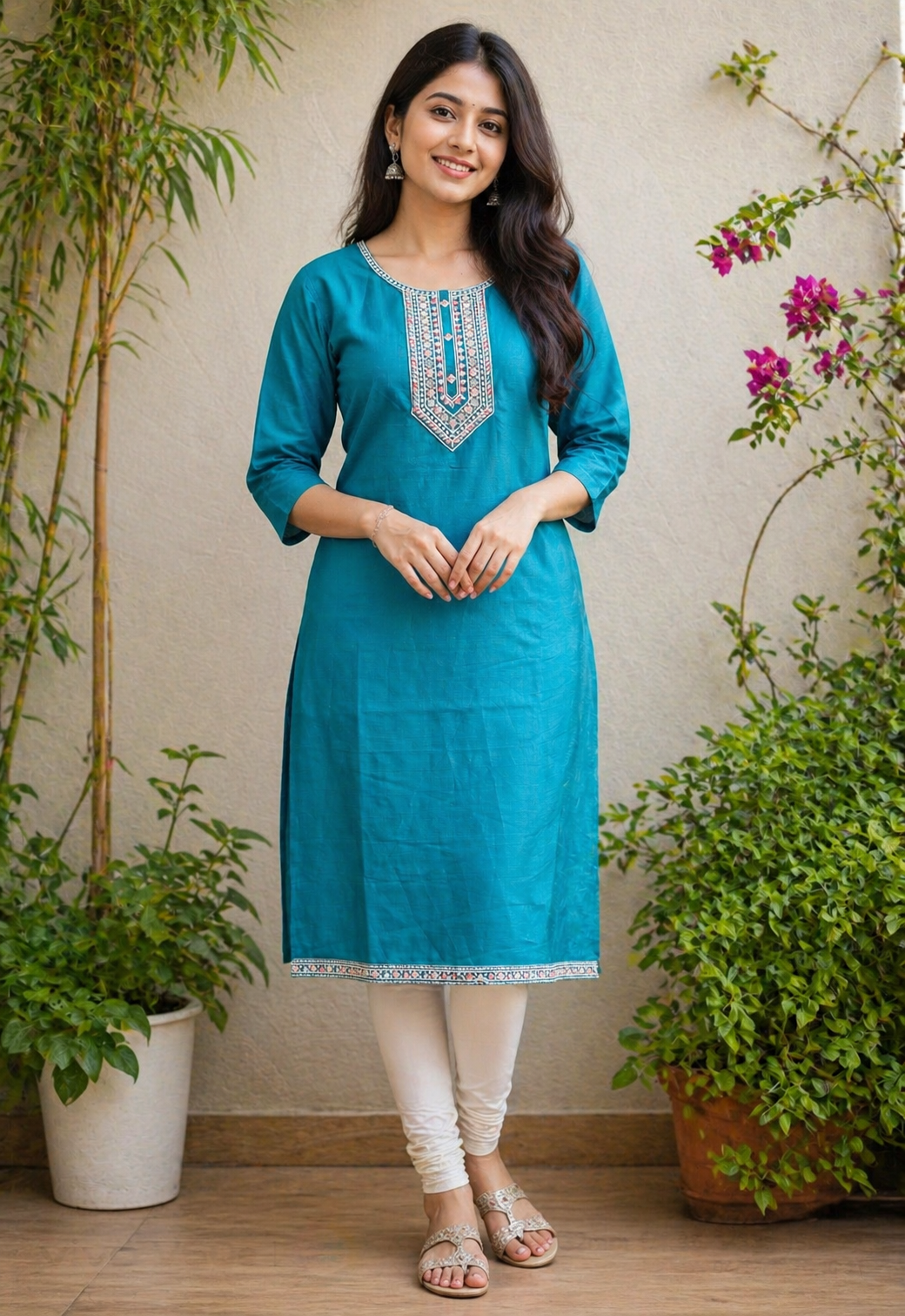 Teal Blue Embroidered Straight Kurti Set