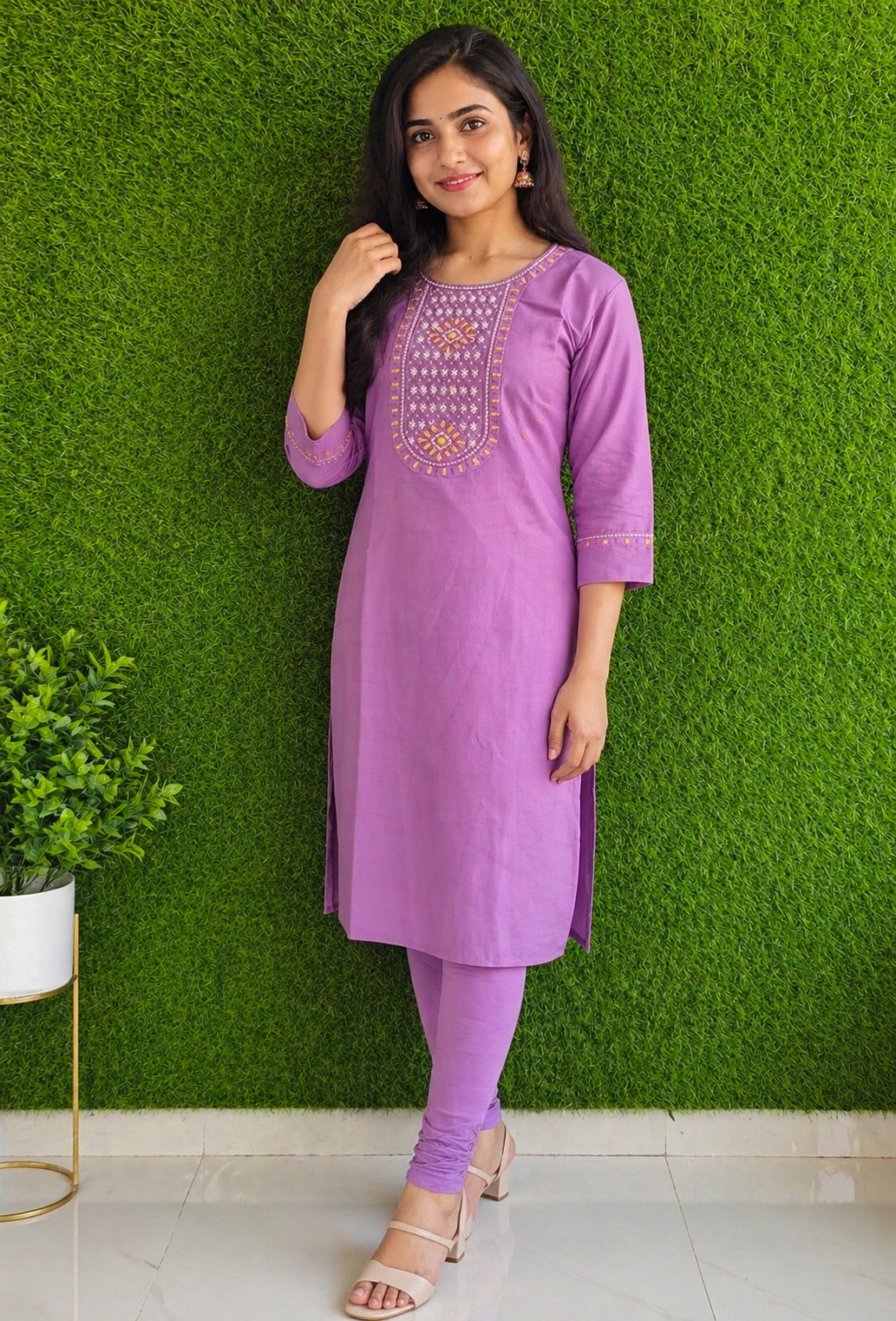 Lavender Embroidered Cotton Kurti Set