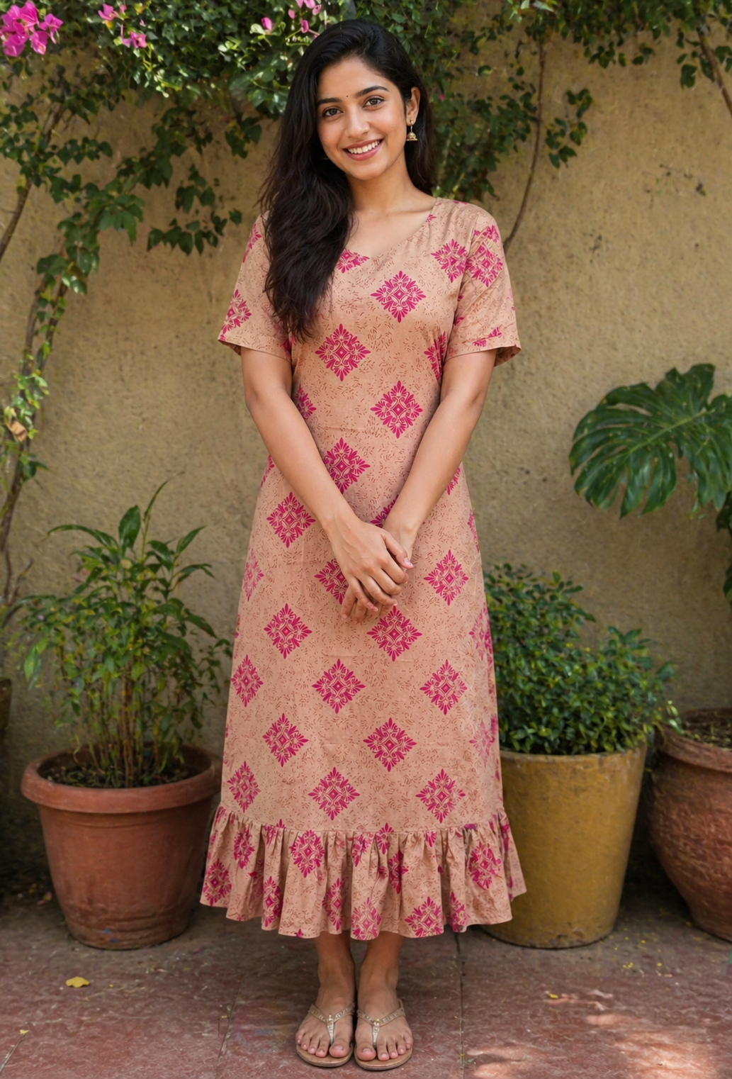 Peach Pink Block Print Cotton Maxi Dress