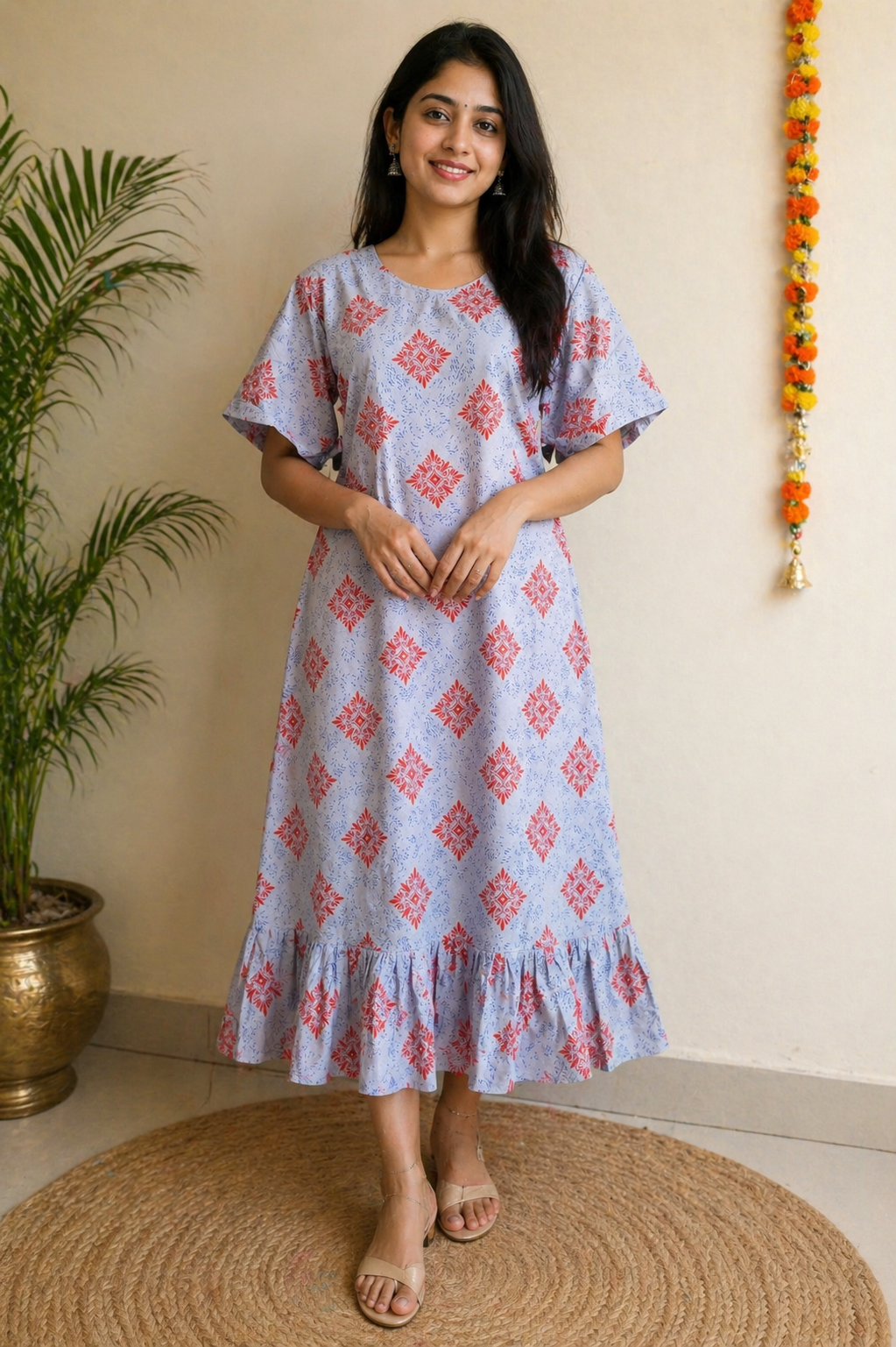 Pink Foil Print Flared Midi Dress
