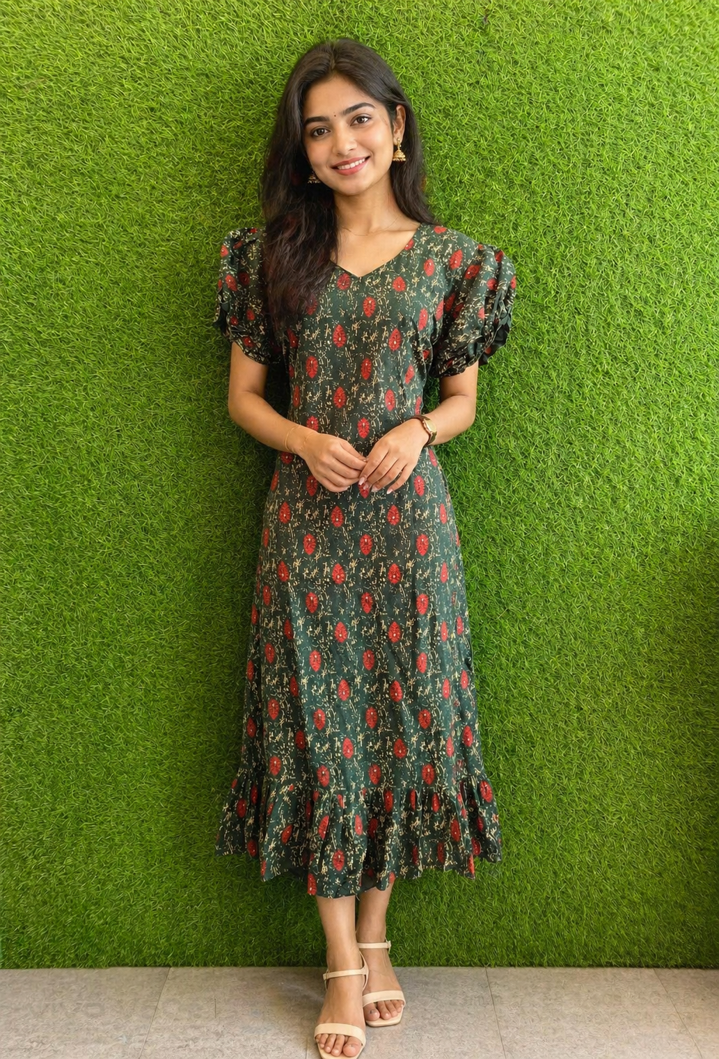 Emerald Bloom Printed Midi Dress