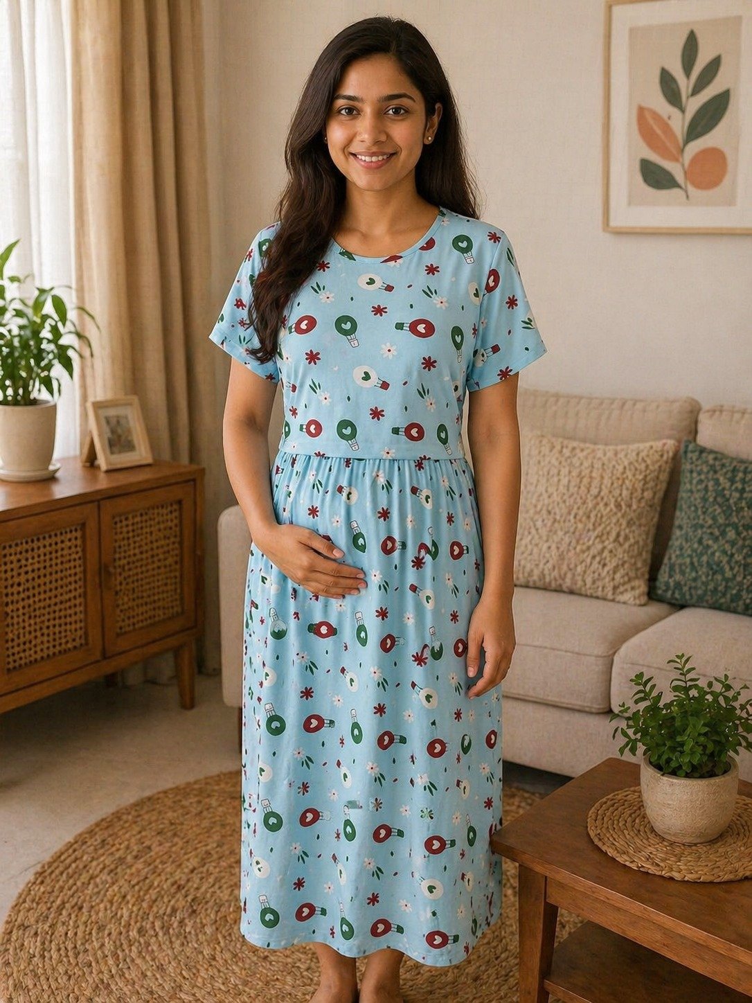 Product Name: Pull-Up Maternity Feeding Dress – Sky Blue Comfort Wear