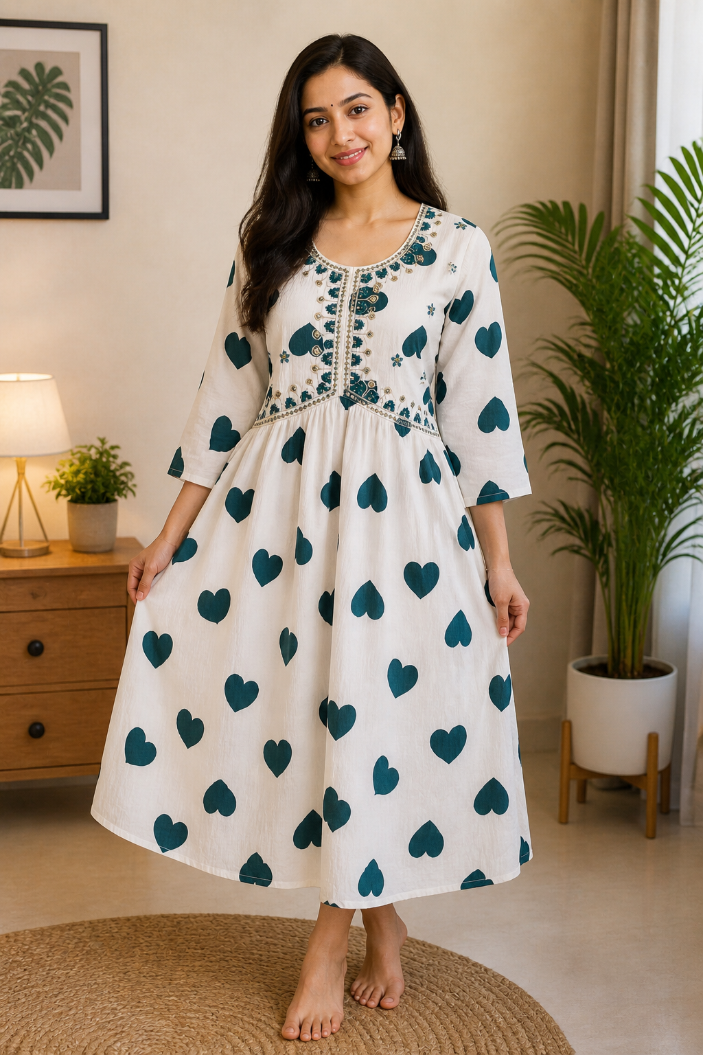 Teal Heart Print Embroidered Maternity Dress
