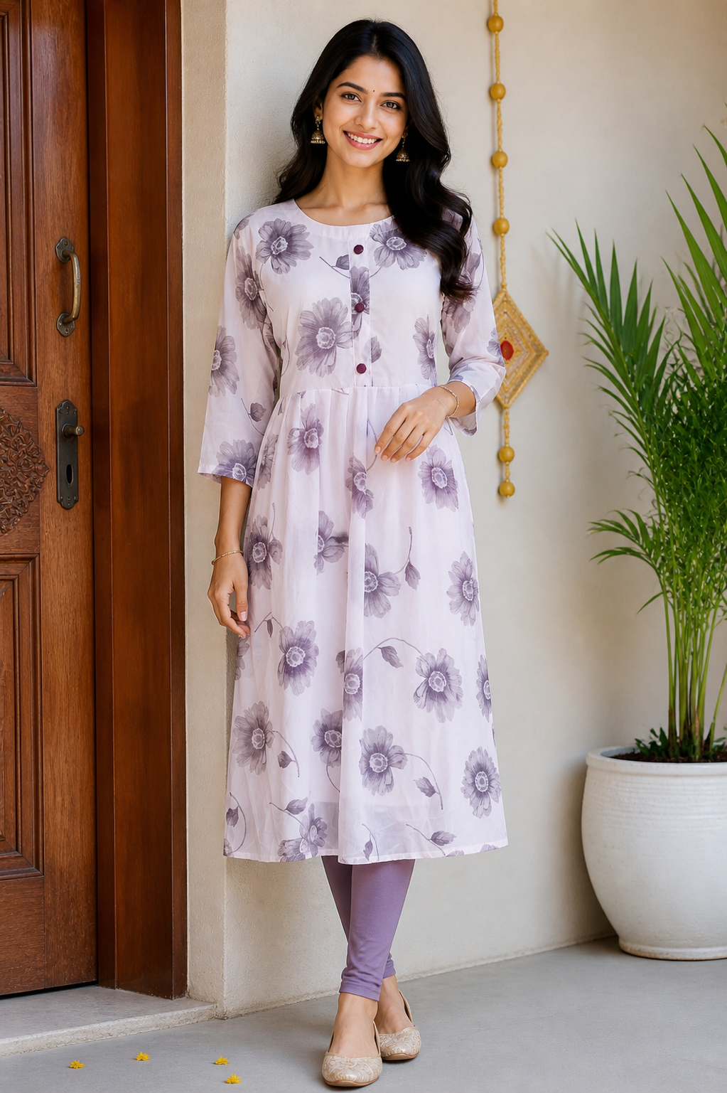 Lavender Blossom Printed Anarkali Kurti Set